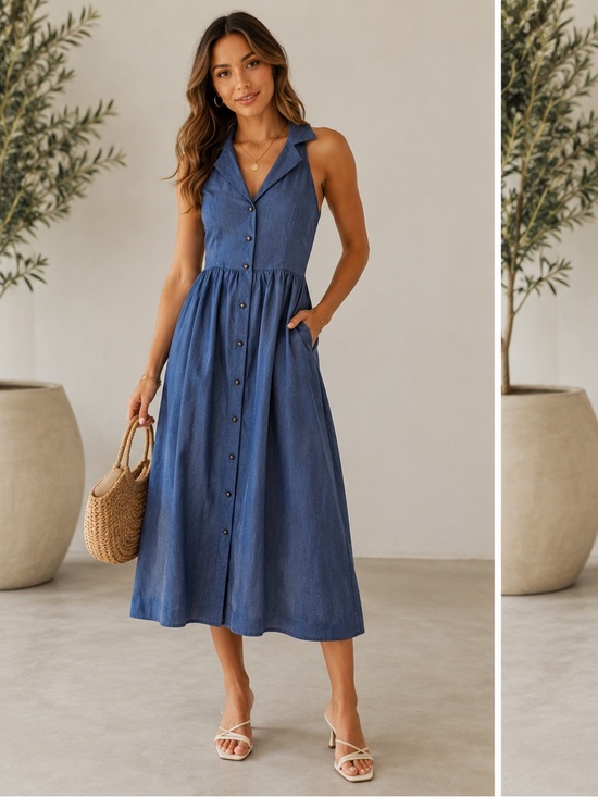 RIHOAS Dresses & Skirts - RIHOAS Blue Chambray Lapel Button Front Midi Dress Size S NWT